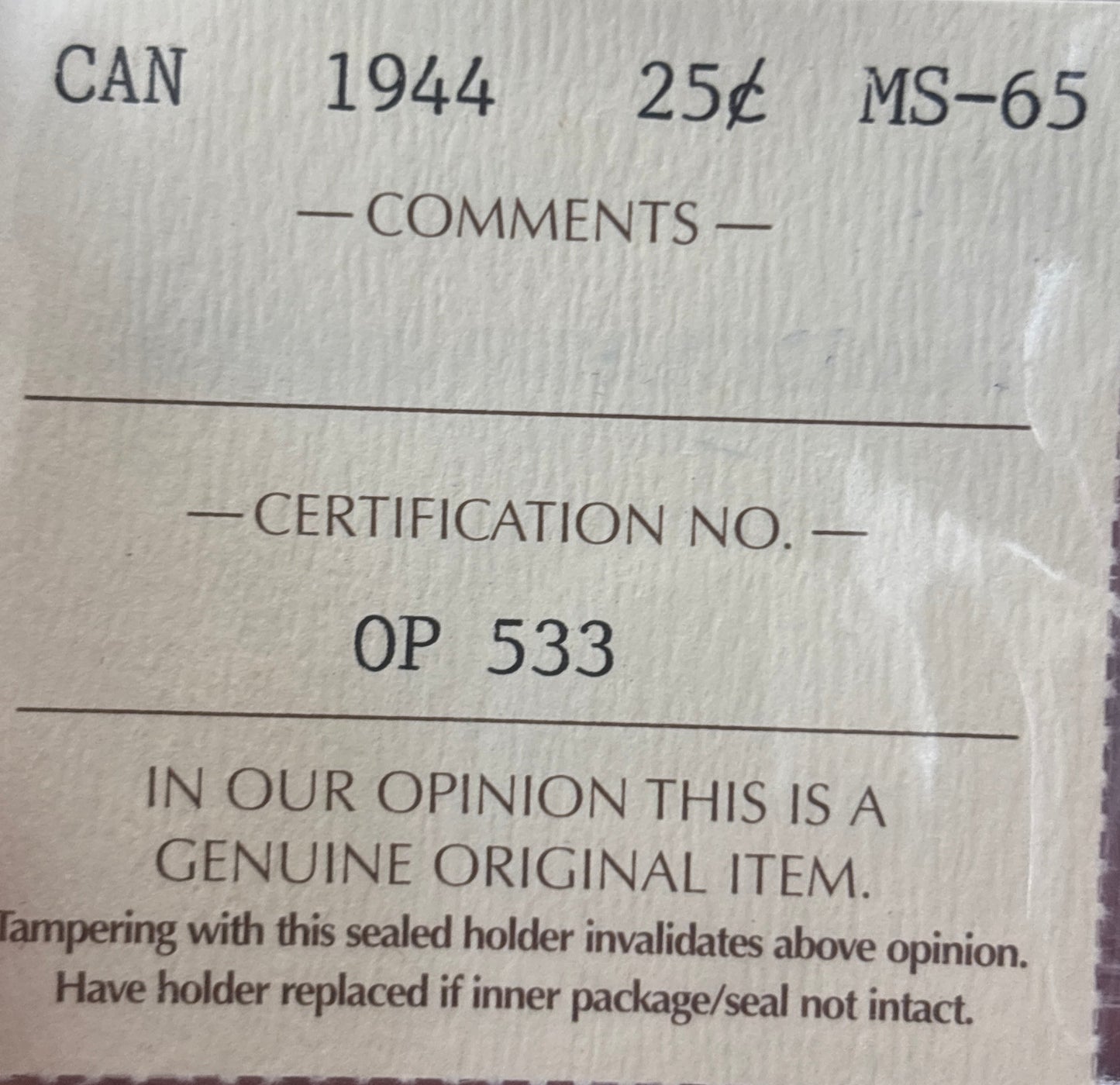 1944 Canada 25 Cent. ICCS graded MS-65