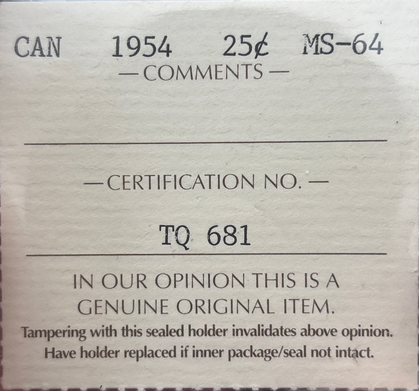 1954 Canada 25 Cent. ICCS graded MS-64