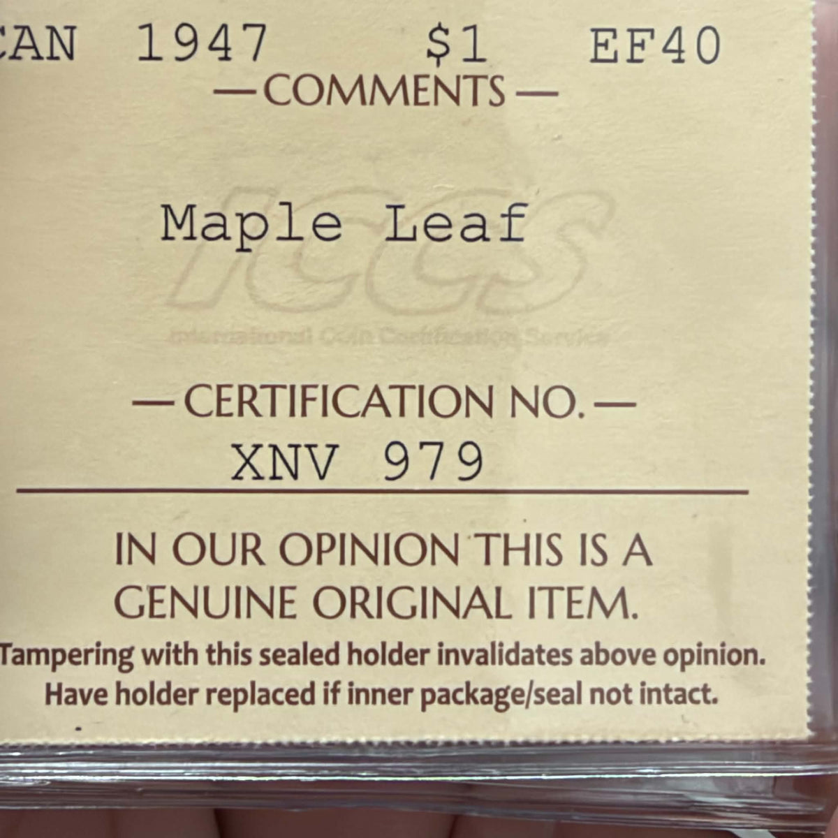 1947 Maple Leaf Canada Silver Dollar – ICCS EF40