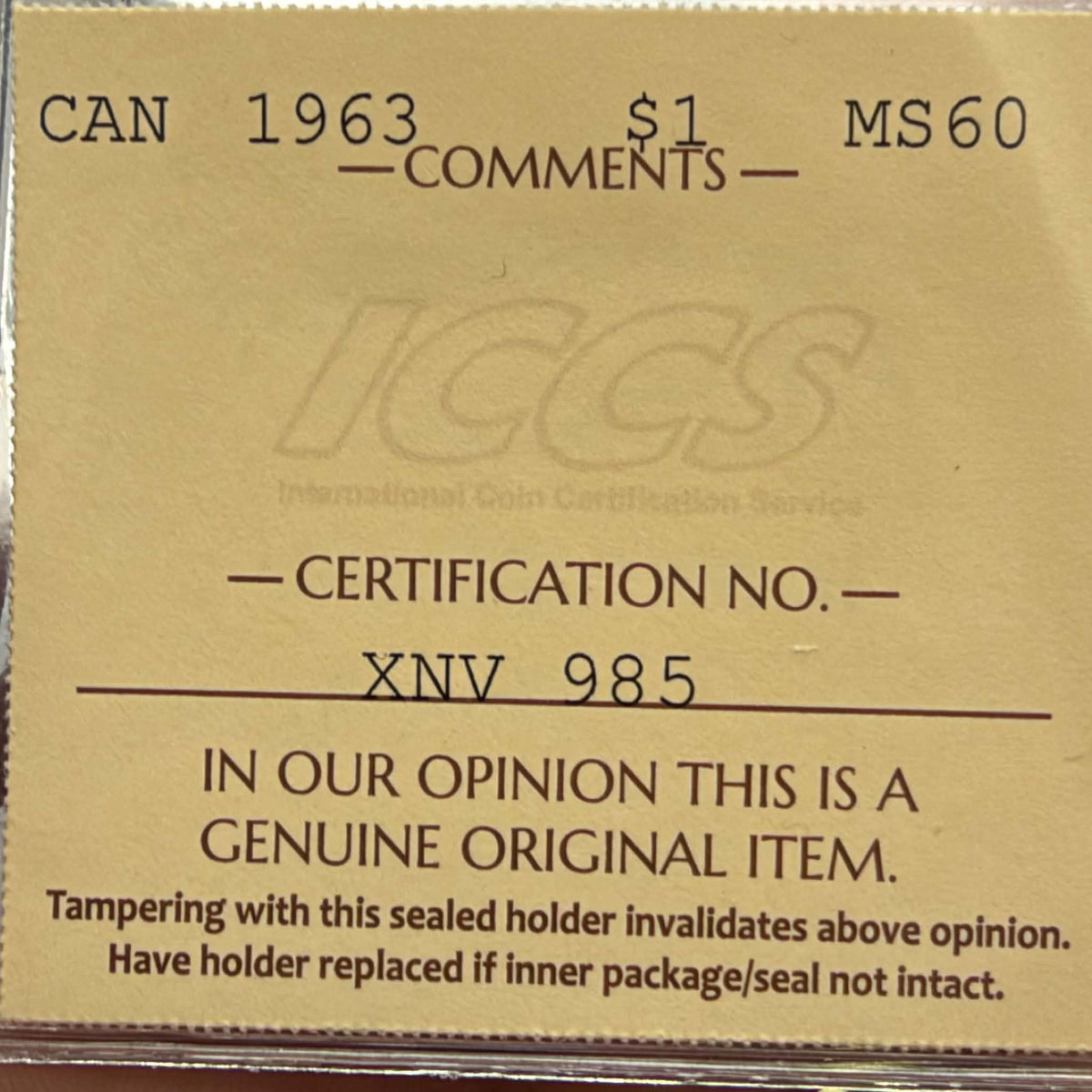 1963 Canada Silver Dollar – ICCS MS60