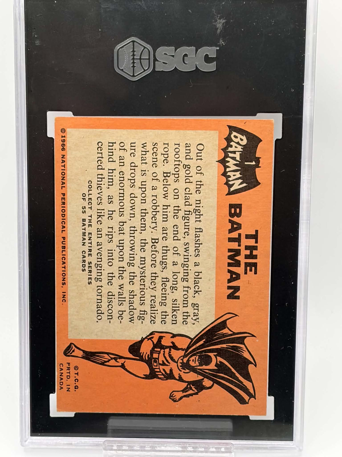 Reverse of 1966 Topps Batman #1 The Batman showing PRTD. IN CANADA marking