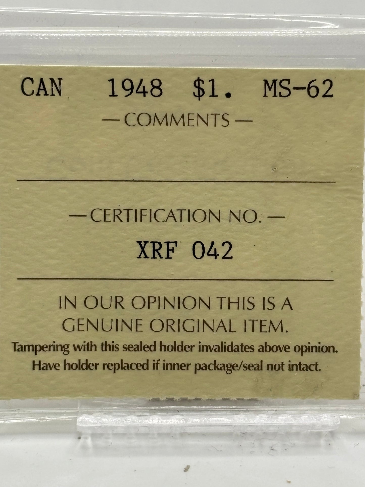 1948 Canada $1. ICCS graded MS-62