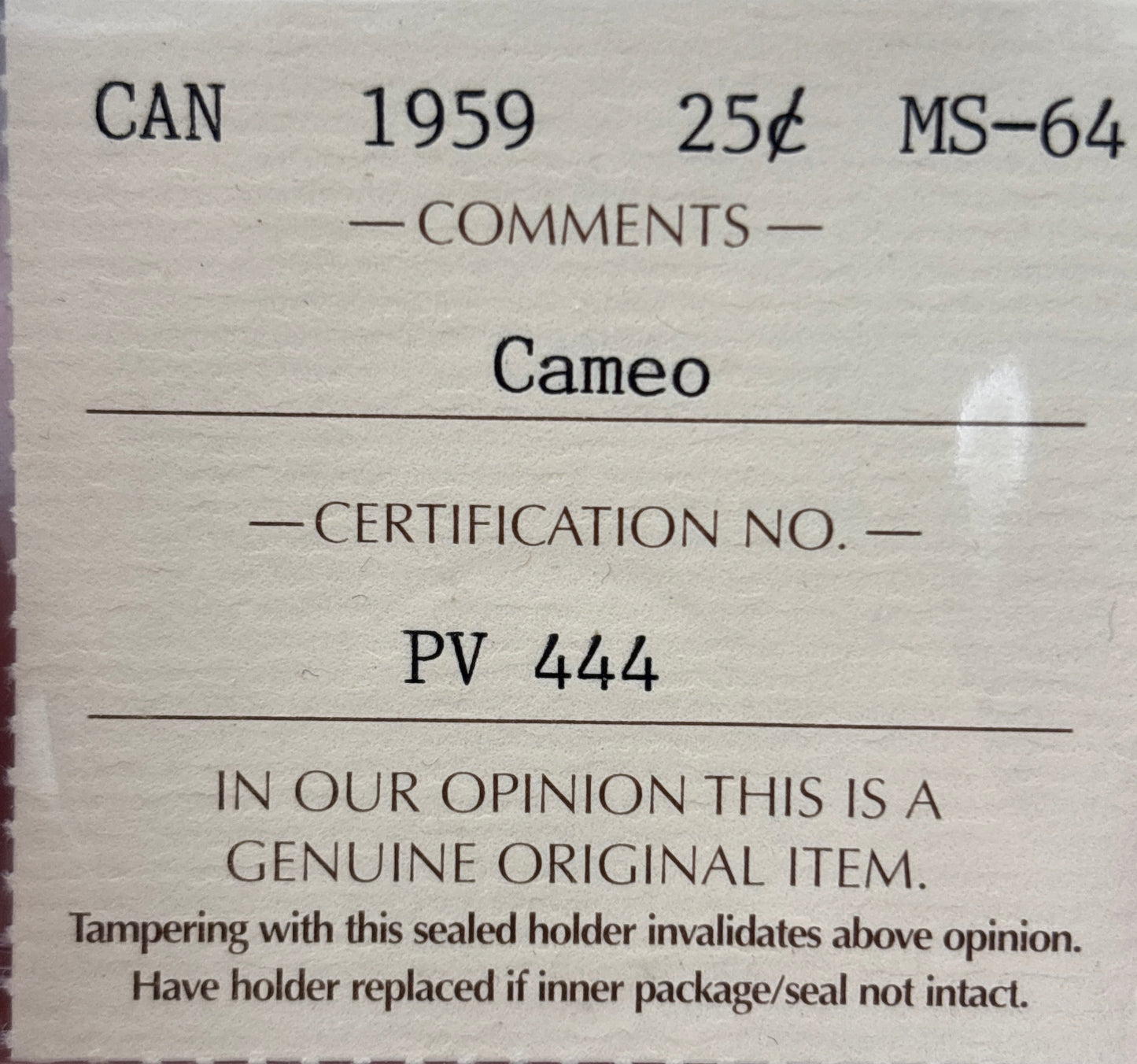 1959 Canada 25 Cent. ICCS graded MS-64 Cameo