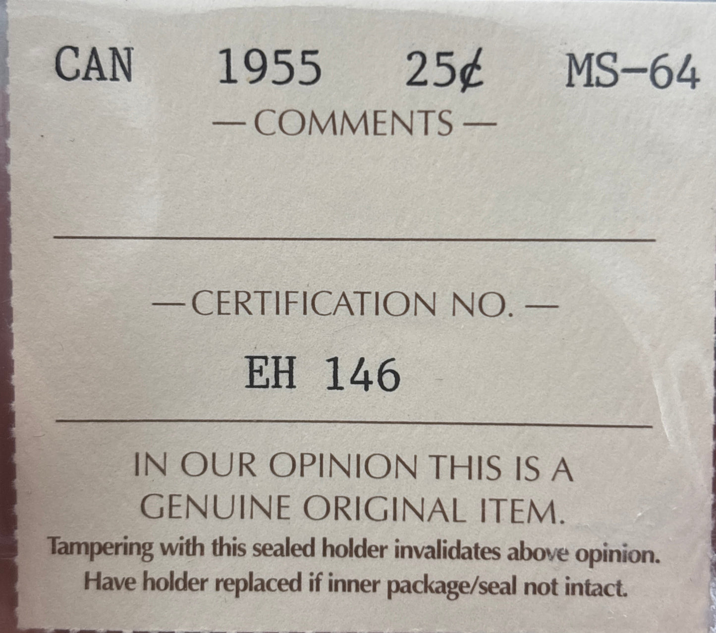 1955 Canada 25 Cent. ICCS graded MS-64