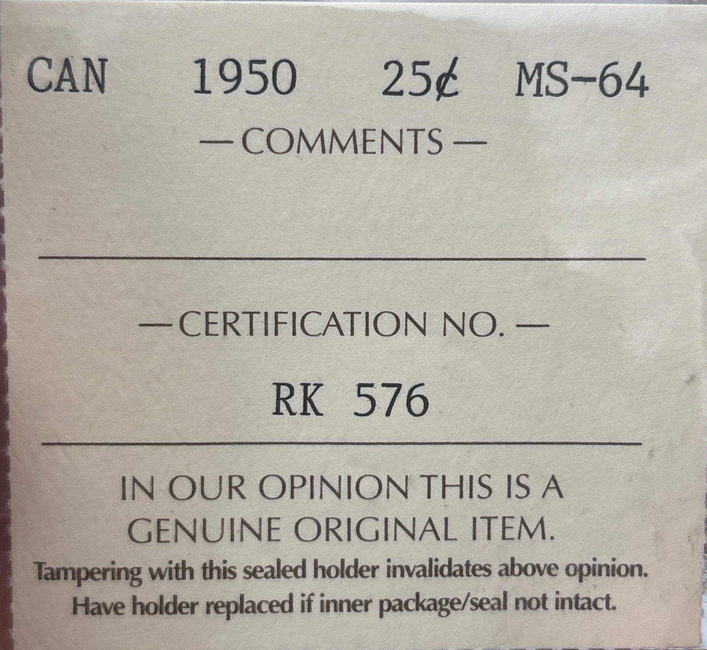 1950 Canada 25 Cent. ICCS graded MS-64