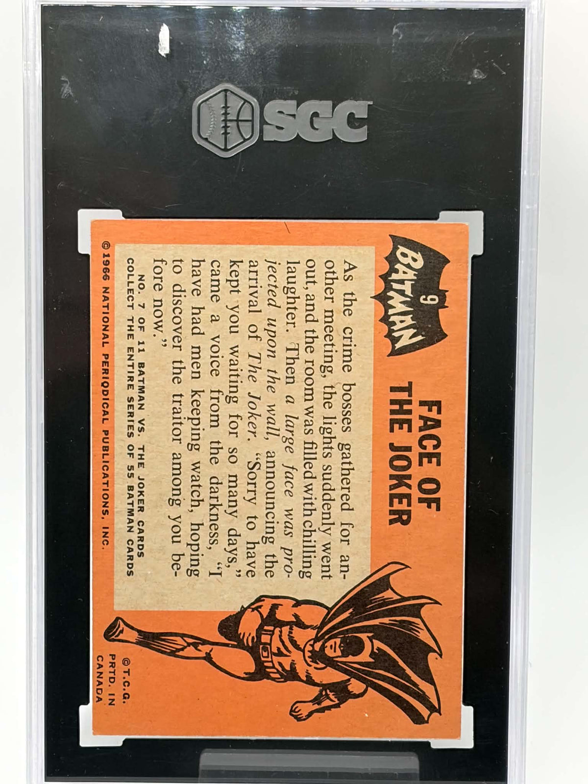 Reverse of 1966 Topps Batman #9 Face of the Joker showing PRTD. IN CANADA marking