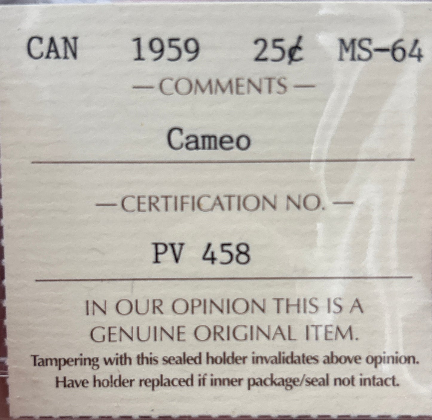 1959 Canada 25 Cent. ICCS graded MS-64 Cameo