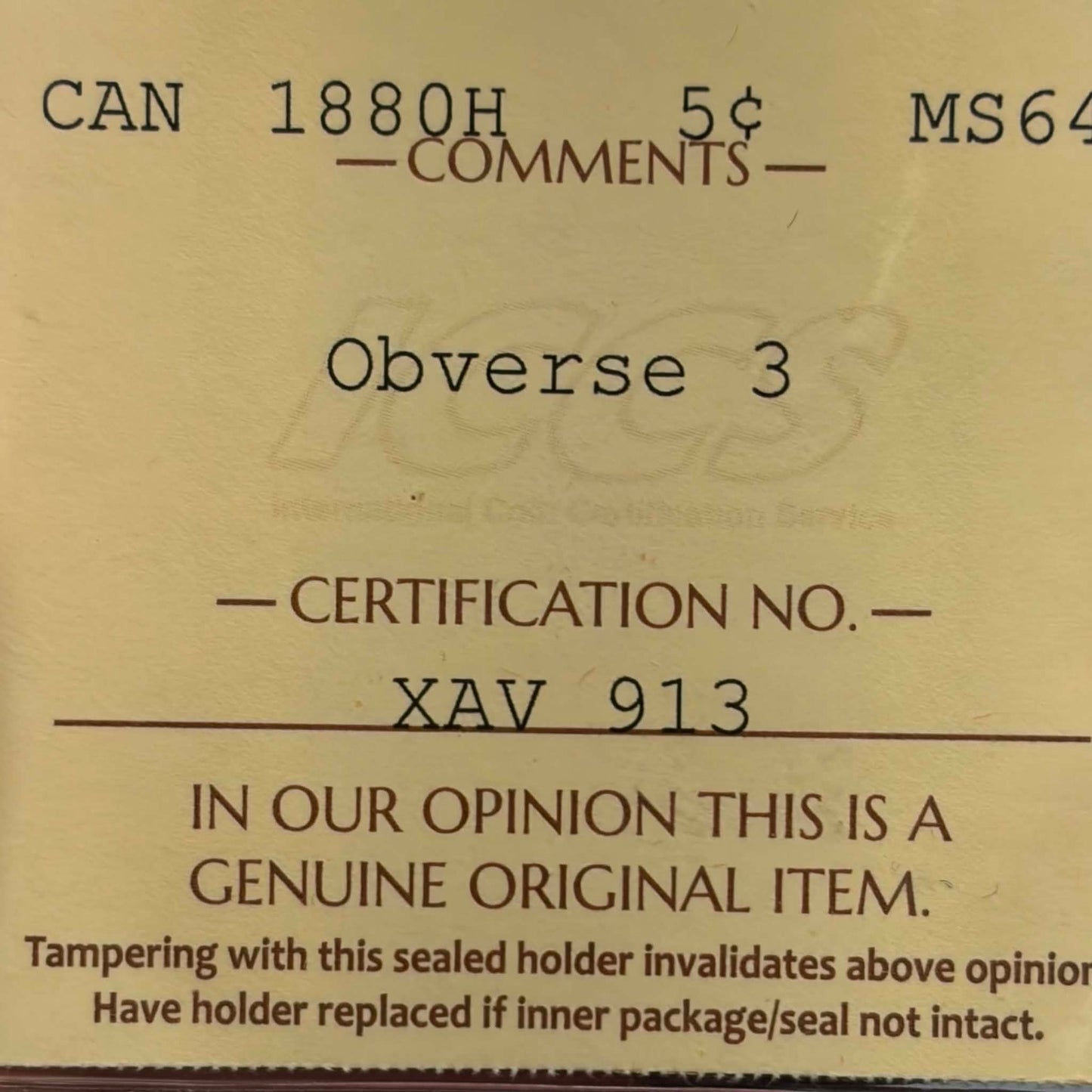 ICCS certification label reverse — 1880H Canadian 5 Cents MS-64 Obverse 3, Cert No. XAV 913