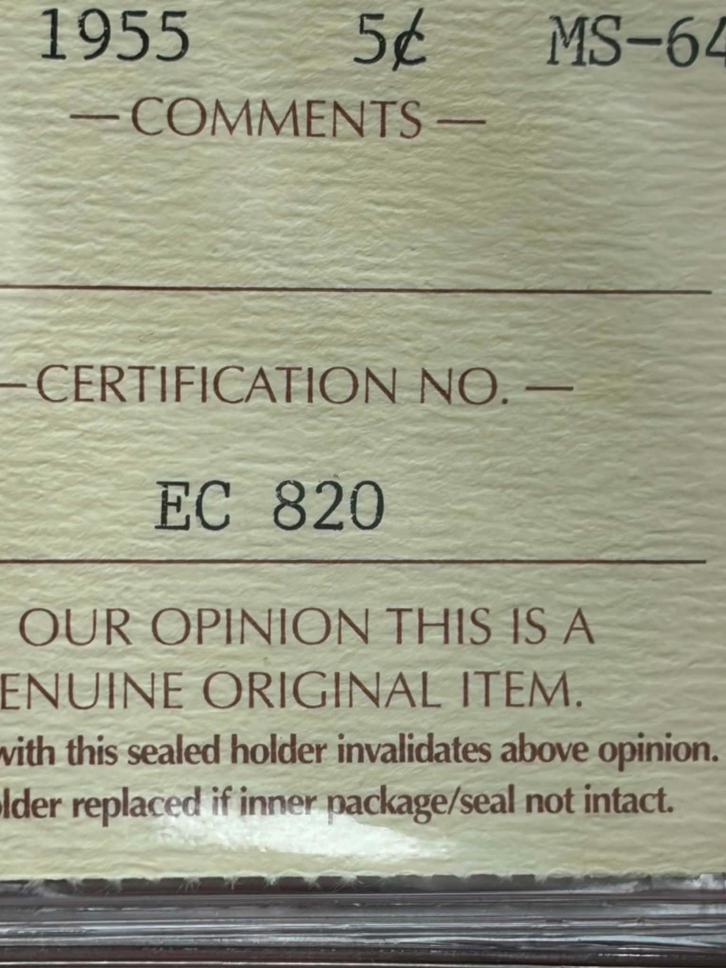 ICCS certification label for 1955 Canadian 5 Cent MS-64 — Cert No. EC 820