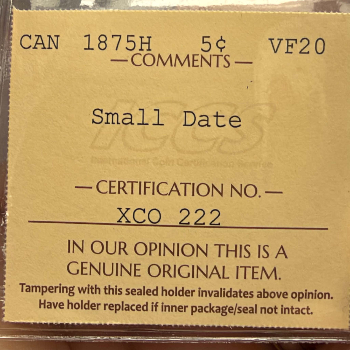 1875H Canadian five cents Queen Victoria obverse, ICCS VF20 Small Date, certification XCO 222