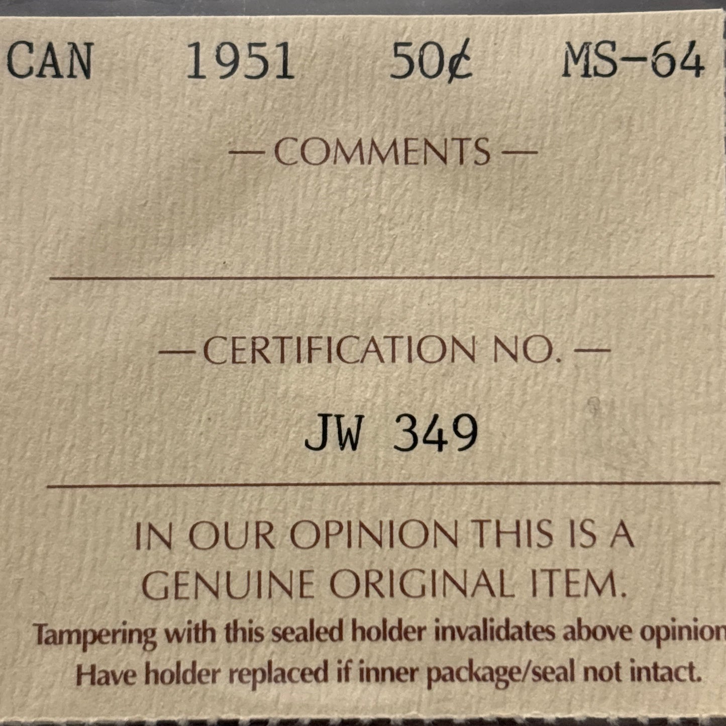 1951 Canada 50 Cent. ICCS graded MS-64