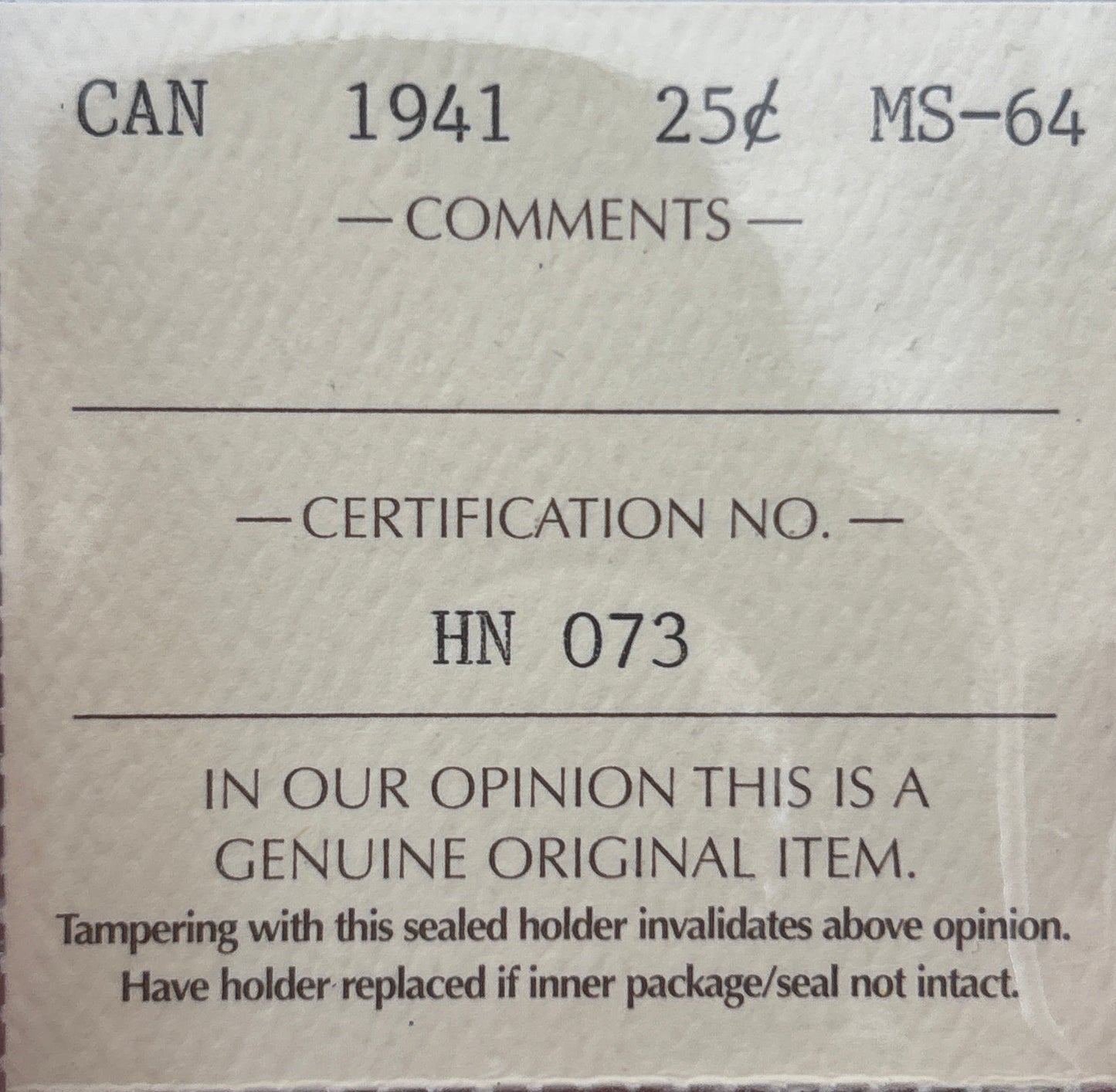 1941 Canada 25 Cent. ICCS graded MS-64