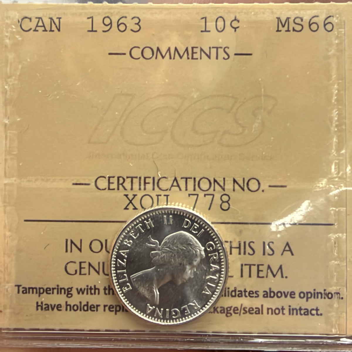 ICCS label for 1963 Canada ten cents MS66, certification XOU 778