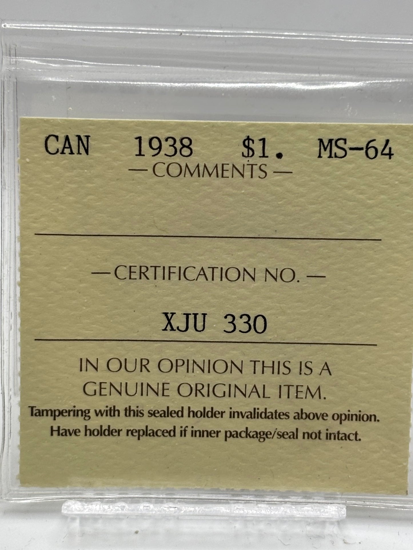 1938 Canada $1. ICCS graded MS-64