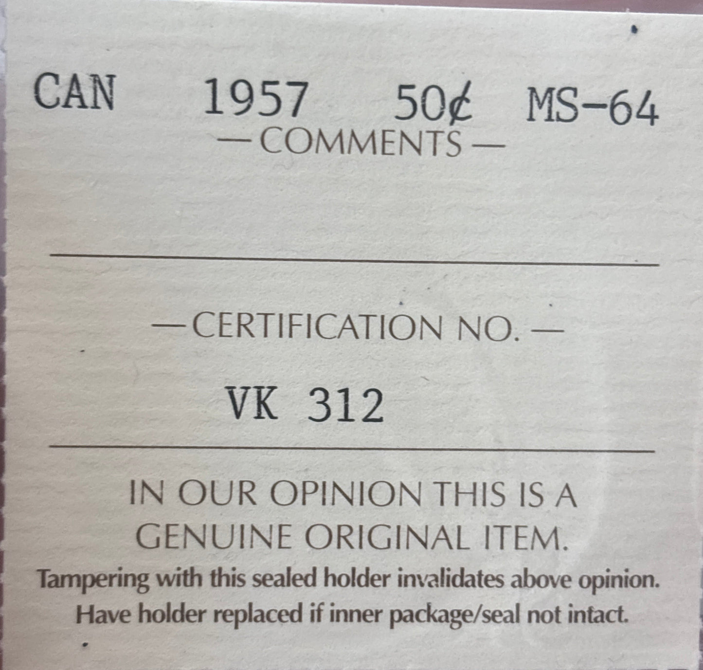 1957 Canada 50 Cent. ICCS graded MS-64