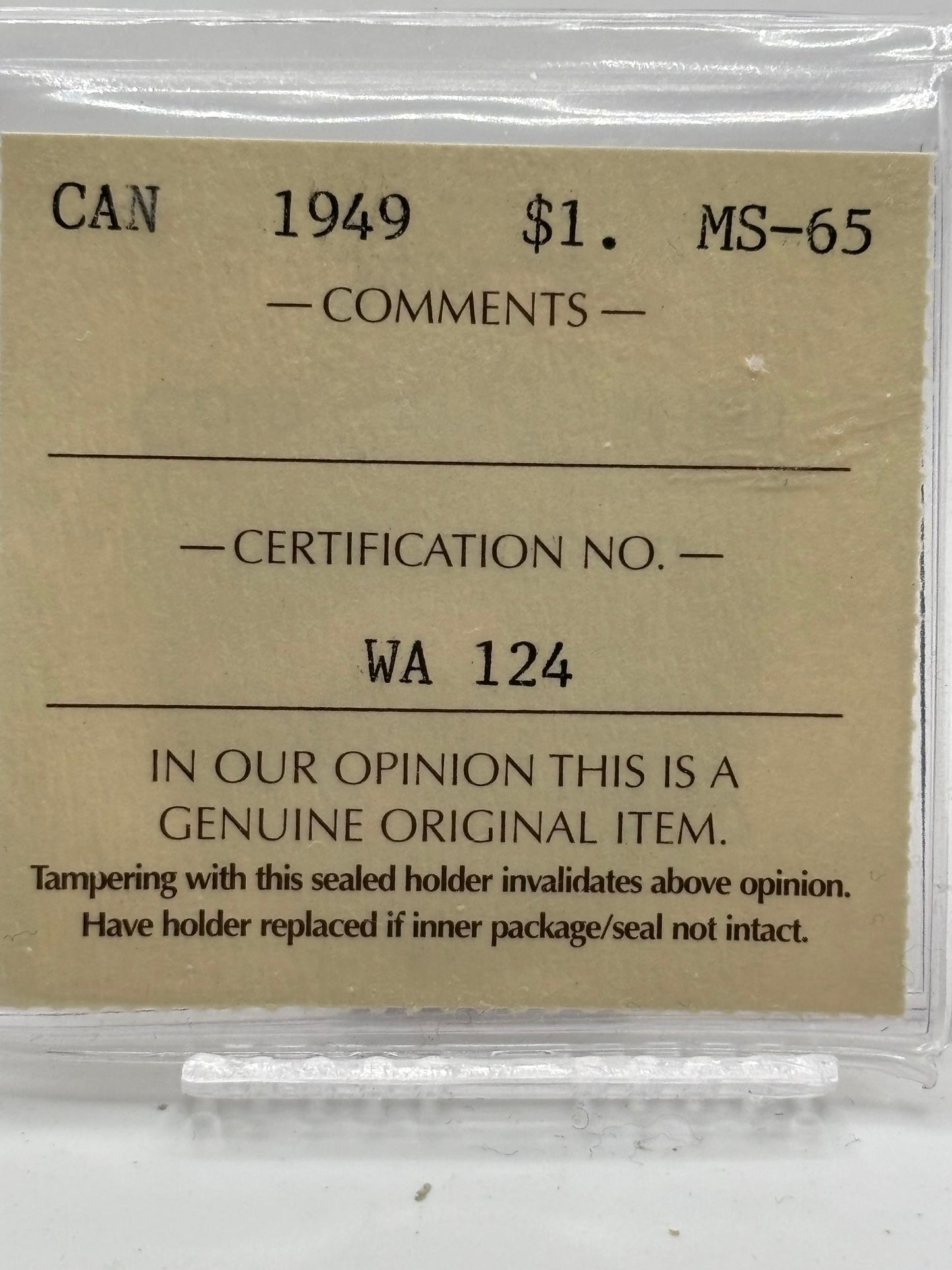 1949 Canada $1. ICCS graded MS-65