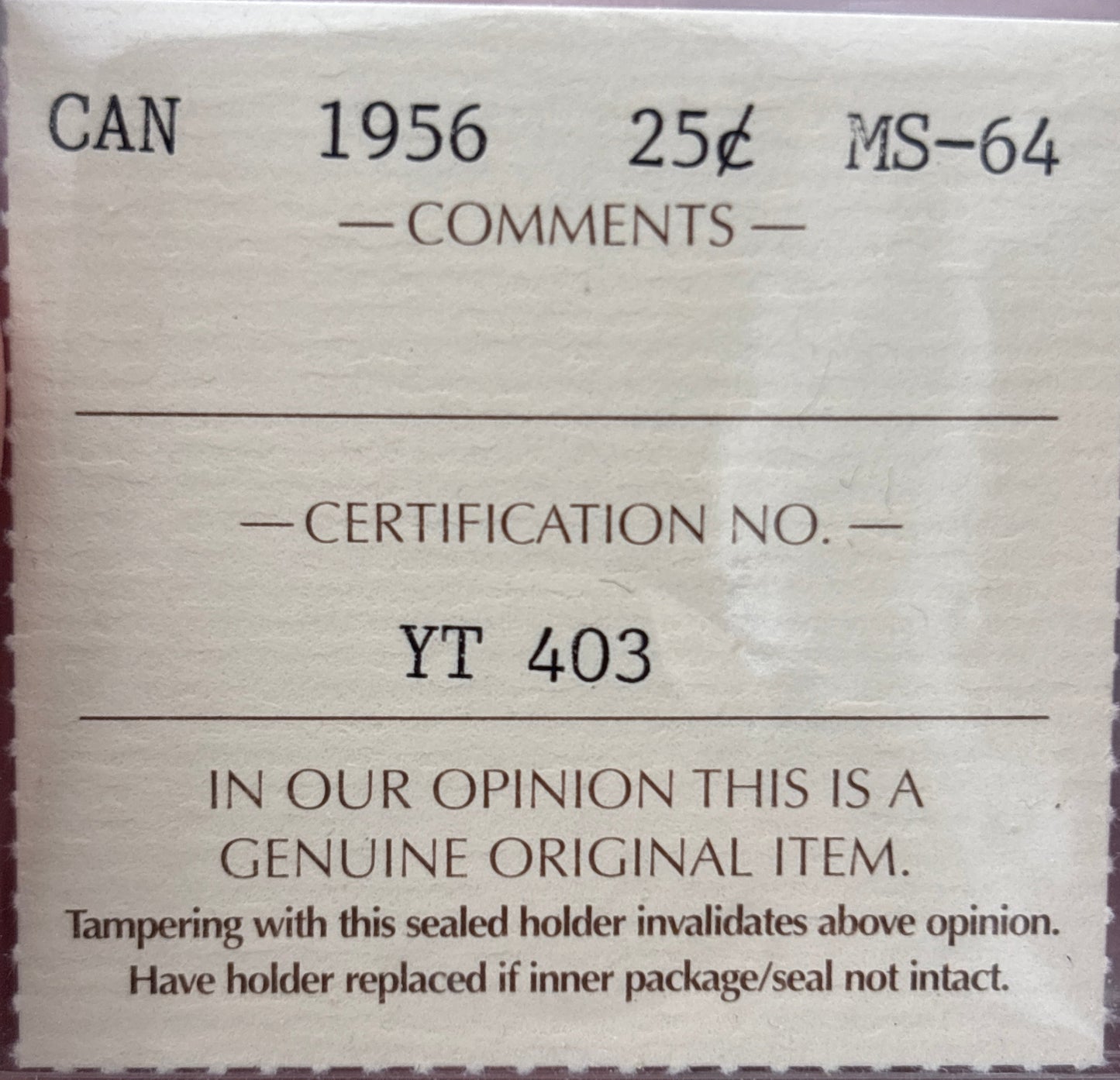 1956 Canada 25 Cent. ICCS graded MS-64