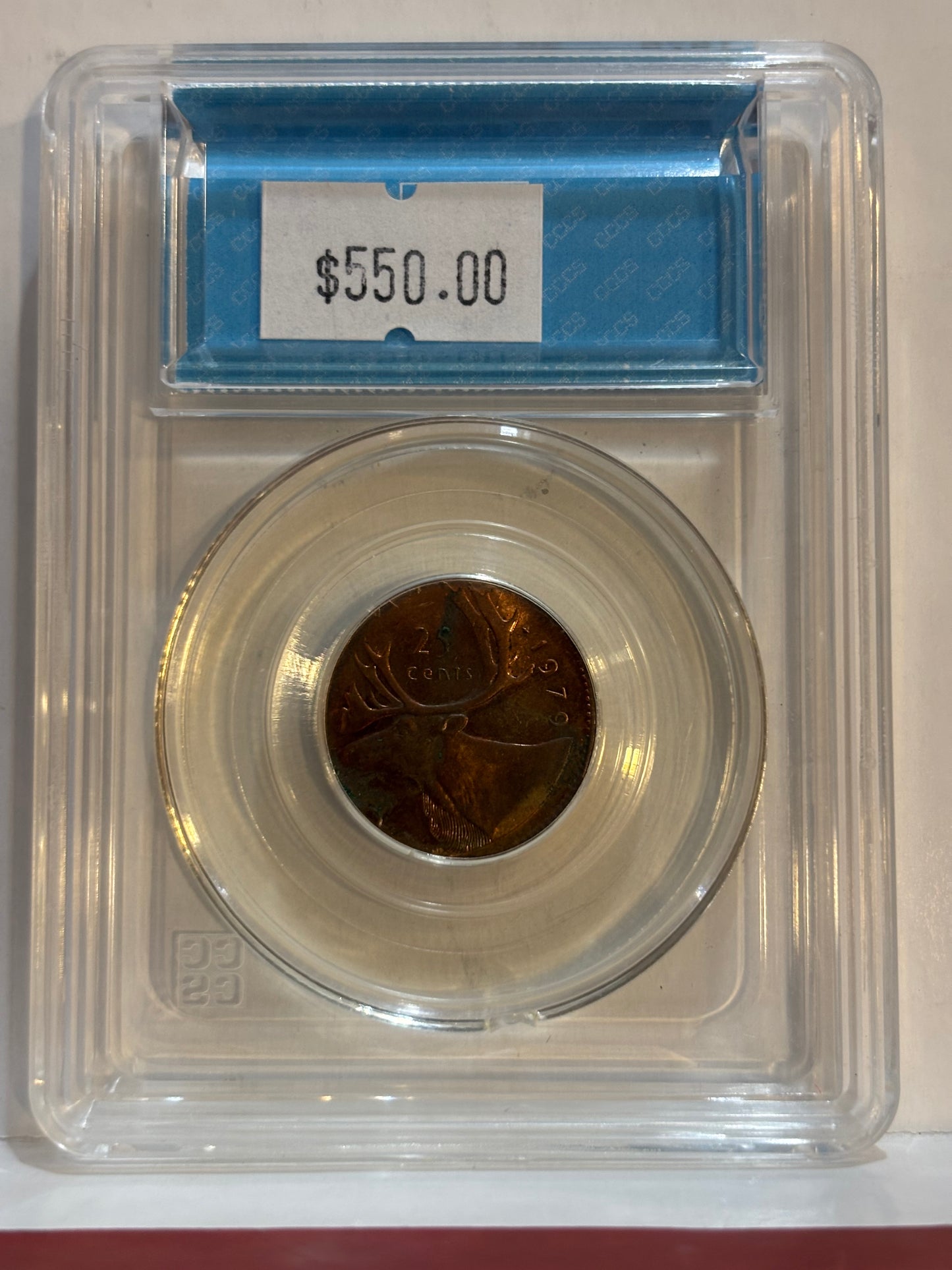 1979 Canada 25 Cent Error, 3.22g Red, Struck on a 1 Cent Planchet. CCCS graded MS65
