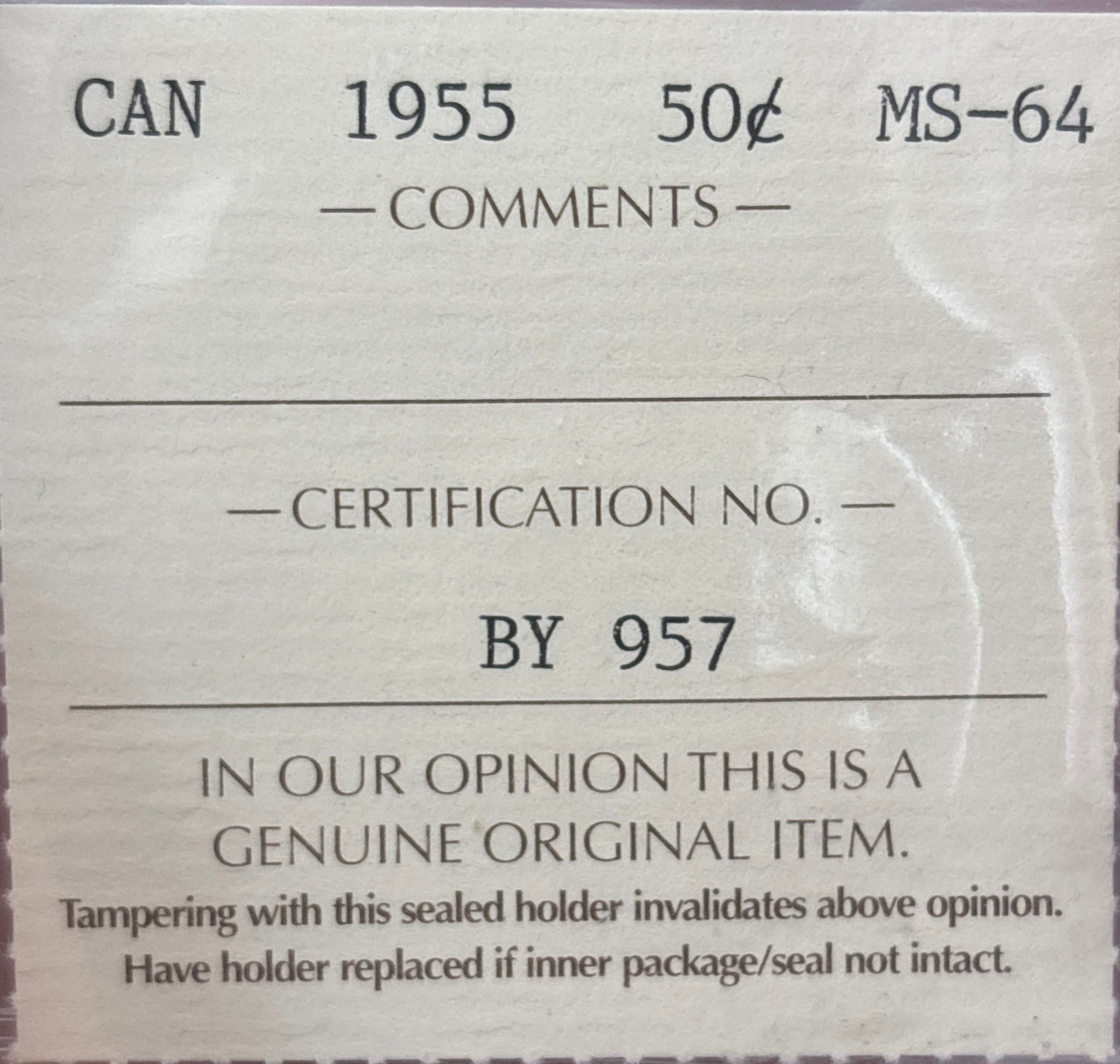 1955 Canada 50 Cent. ICCS graded MS-64