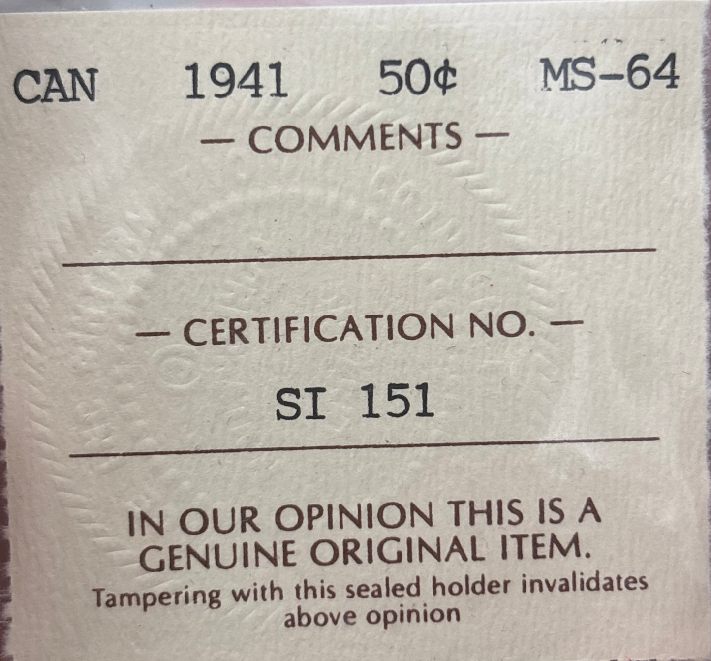 1941 Canada 50 Cent. ICCS graded MS-64
