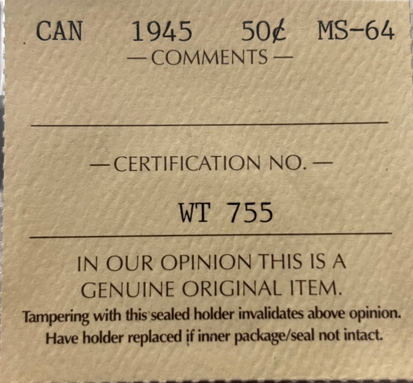 1945 Canada 50 Cent. ICCS graded MS-64