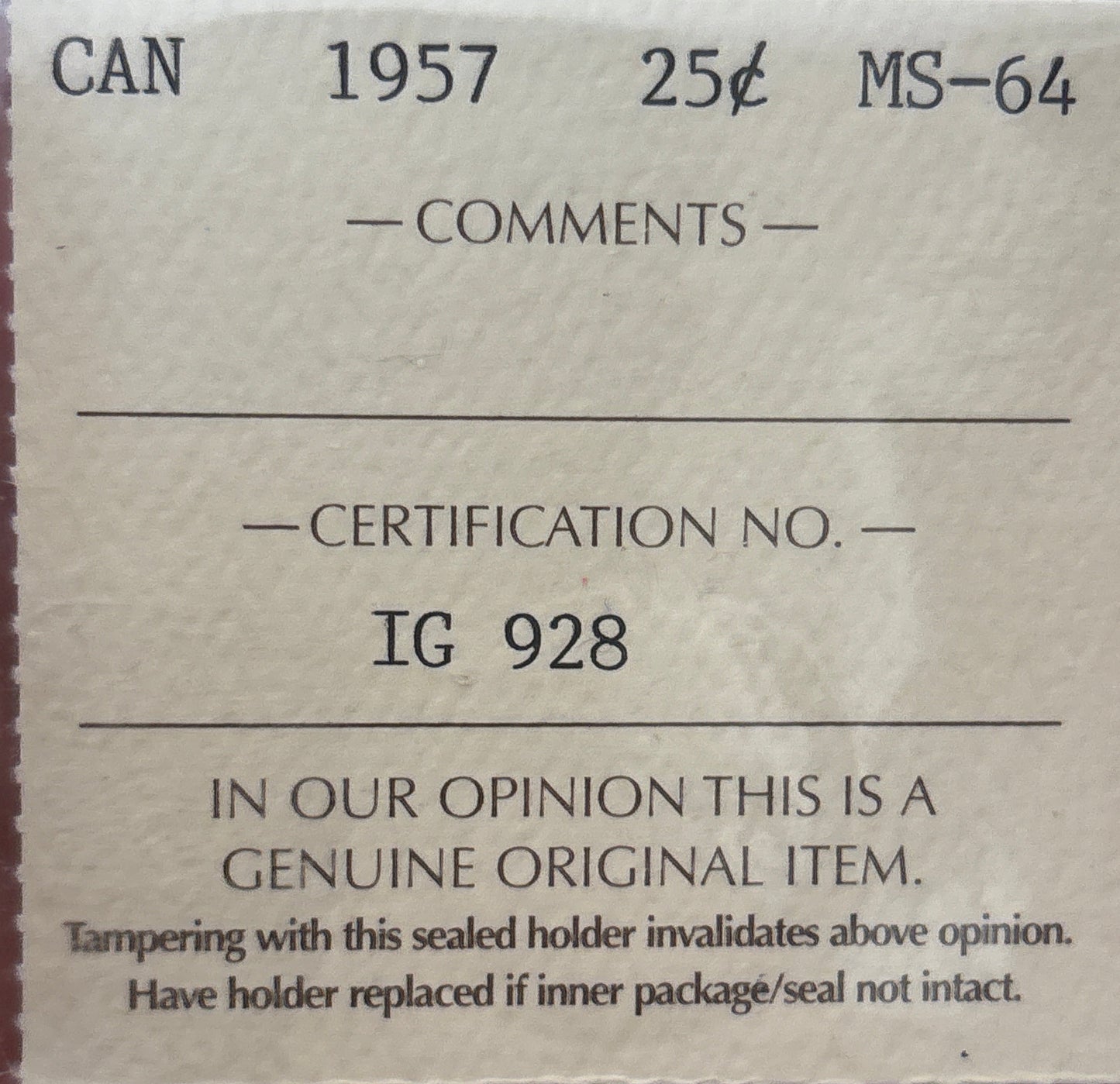 1957 Canada 25 Cent. ICCS graded MS-64