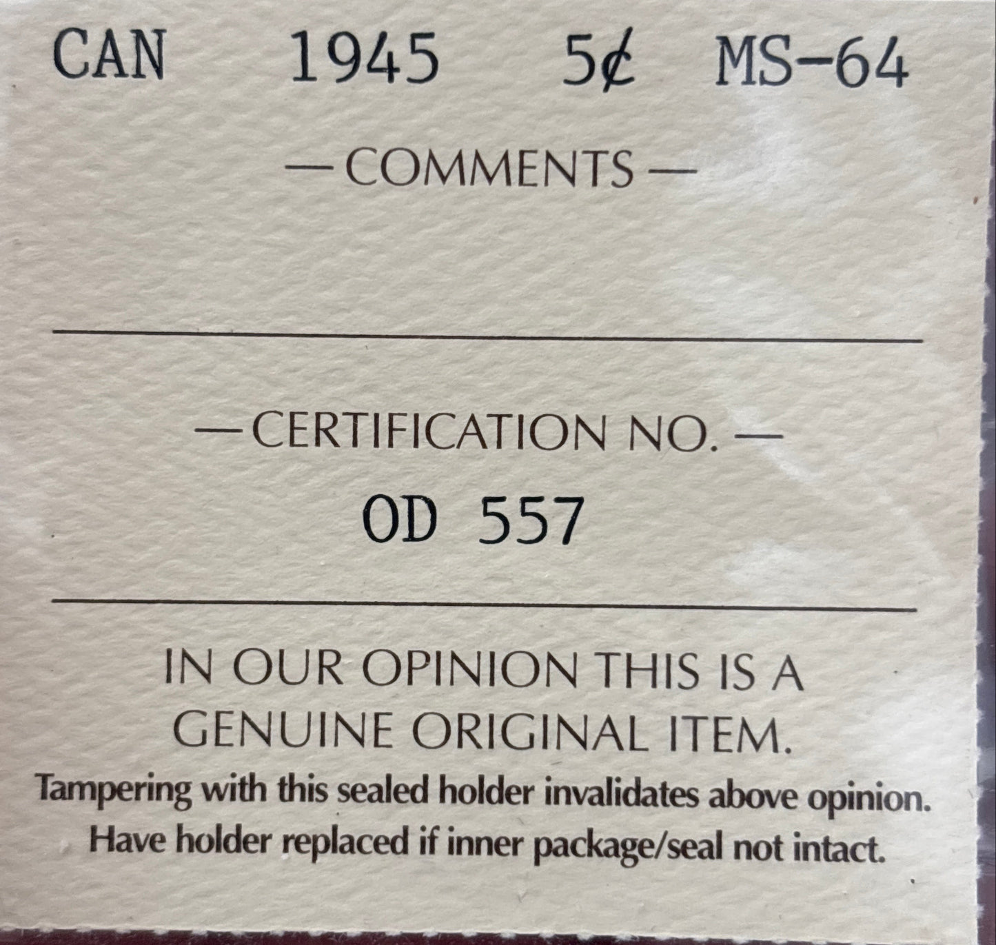 1945 Canada 5 Cent. ICCS graded MS-64