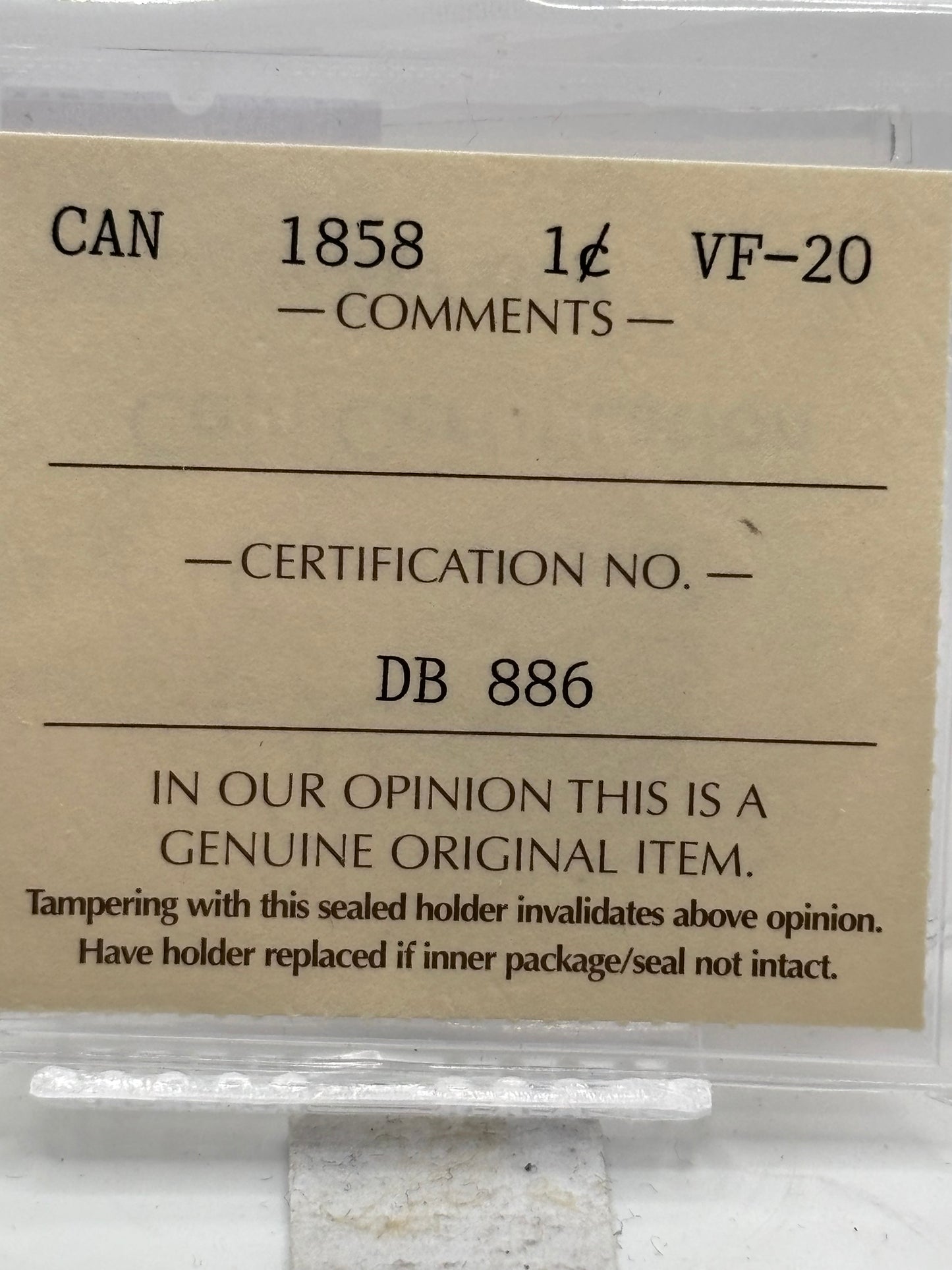 1858 Canada $0.01. Key date. ICCS graded VF-20