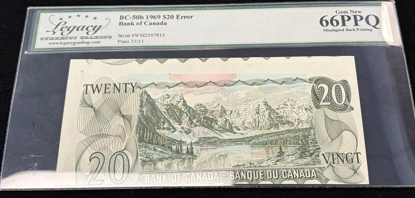 1969 Canada $20 error bank note. Misaligned back printing. Legacy graded GEM 66PPQ