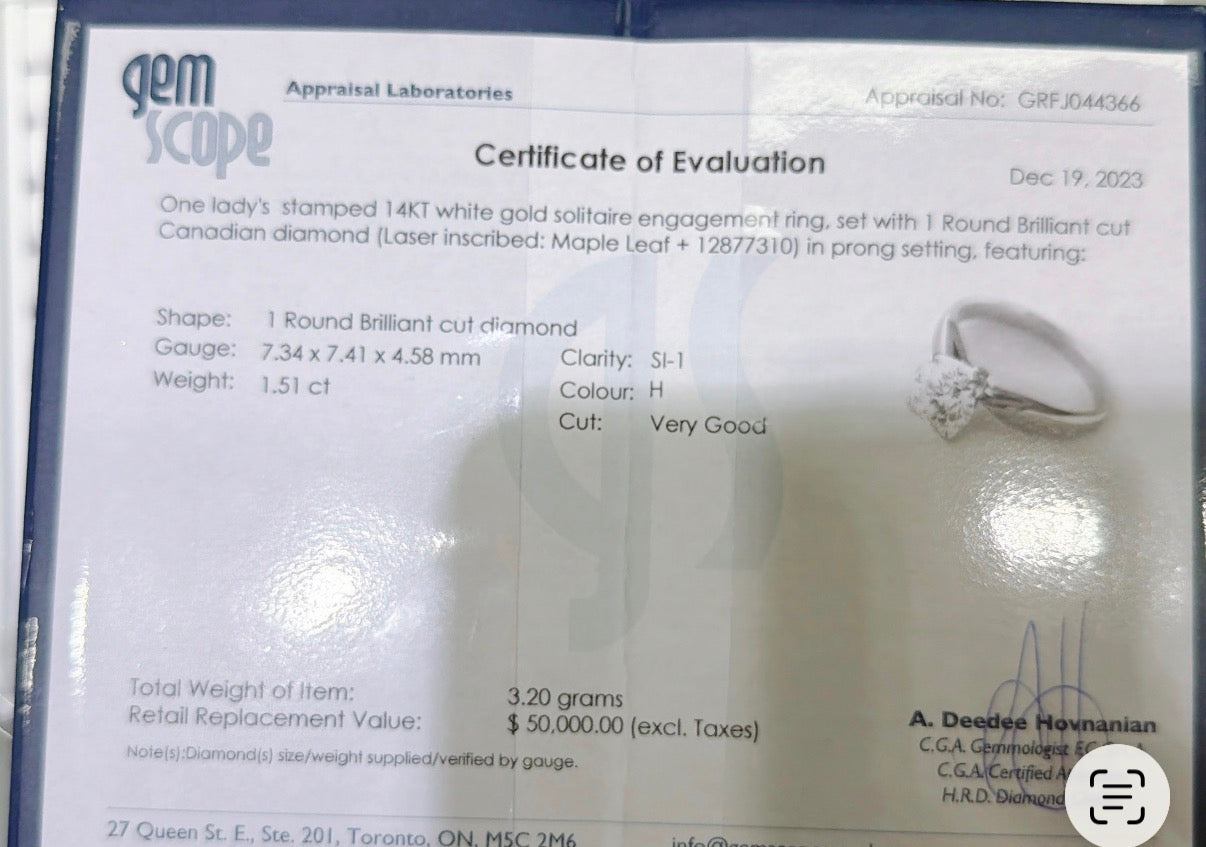 1.51 Carat Canadian Diamond Solitaire Ring – 14K White Gold | SI1 Clarity | H Colour. Size 5