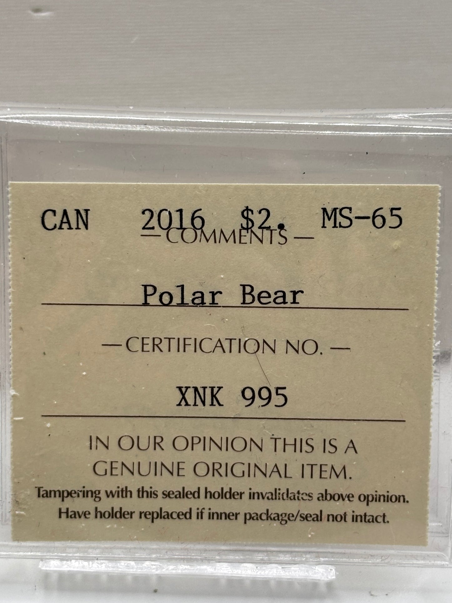 2016 Canada $2 Polar Bear. ICCS graded MS-65
