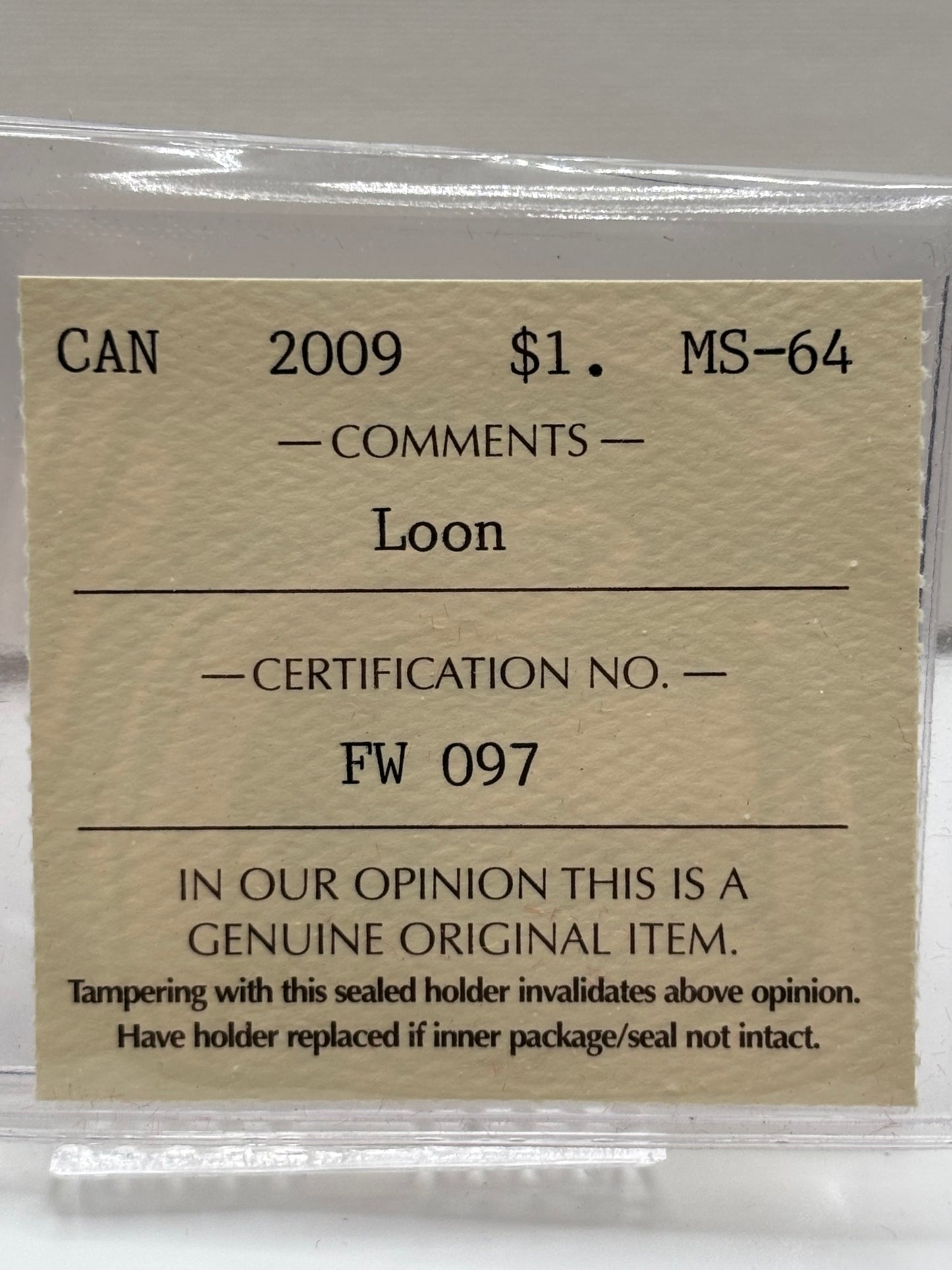 2009 Canada $1 Loon. ICCS Graded MS-64