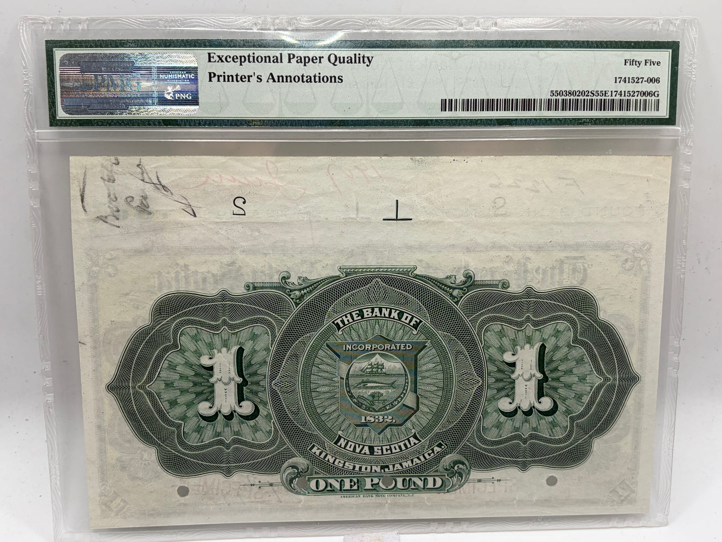 1900 Bank of Nova Scotia Jamaica £1 Specimen Banknote – PMG 55 EPQ | Printer’s Annotations | J.Y. Payzant