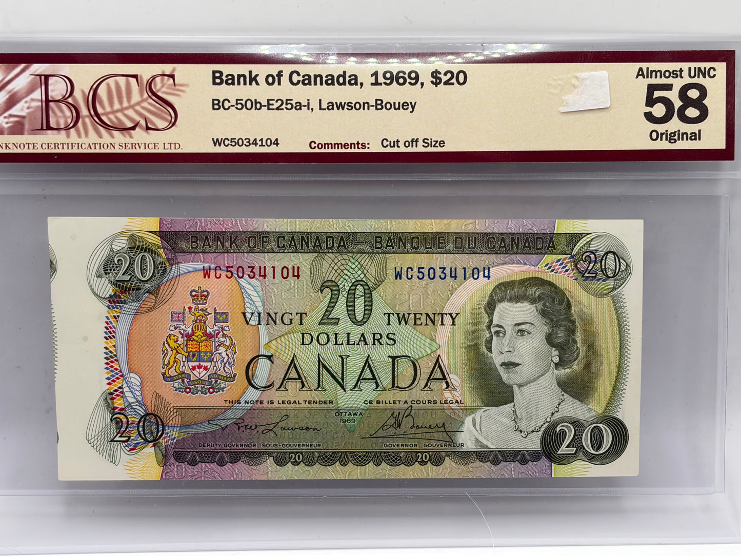1969 Bank of Canada $20 Cut-Off Size Error – BC-50b-E25a-i | BCS AU-58 Original | Lawson–Bouey