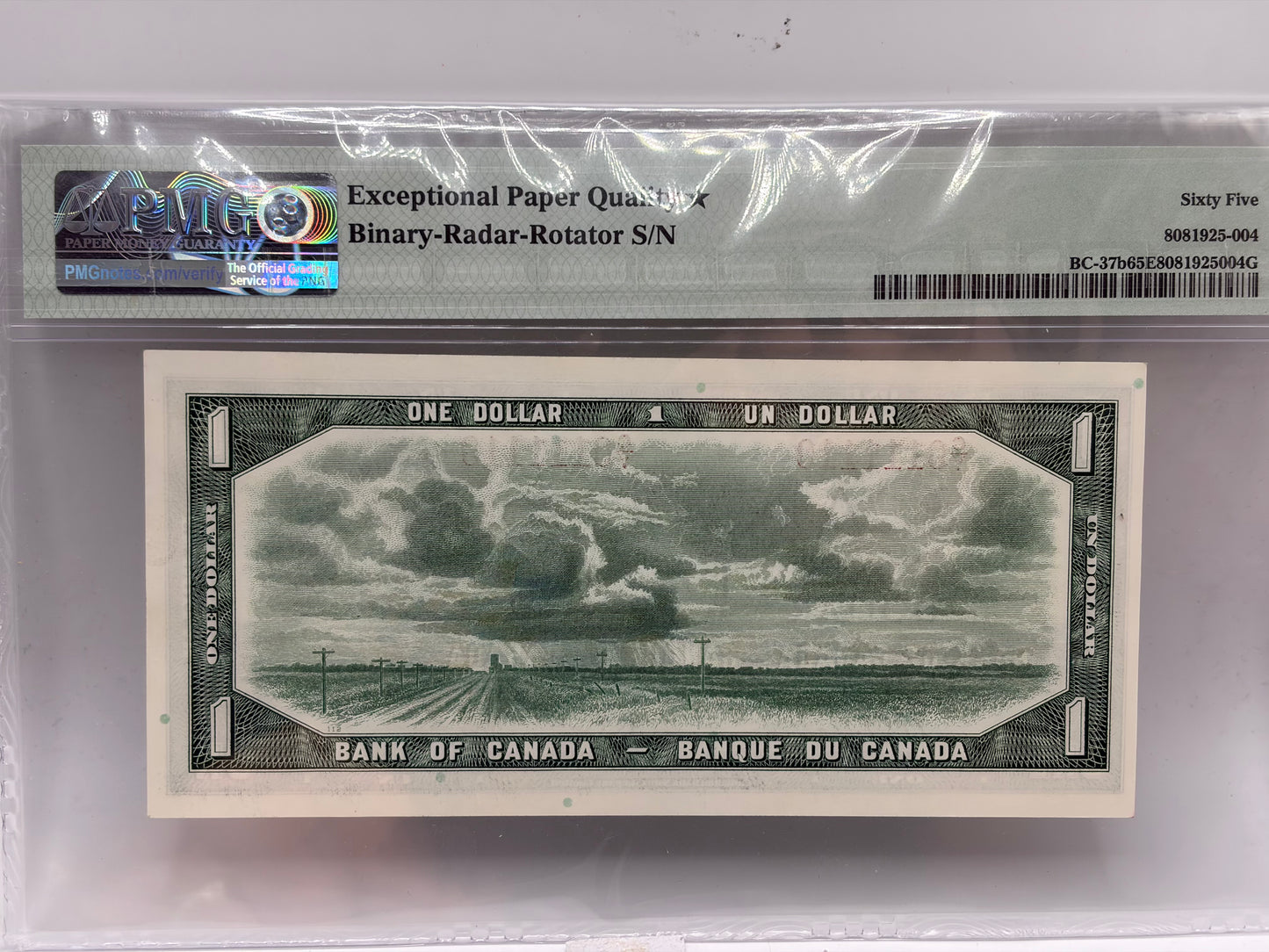 1954 Bank of Canada $1 Binary Radar Rotator Note – PMG Gem UNC 65 EPQ★ | BC-37b | 0111110