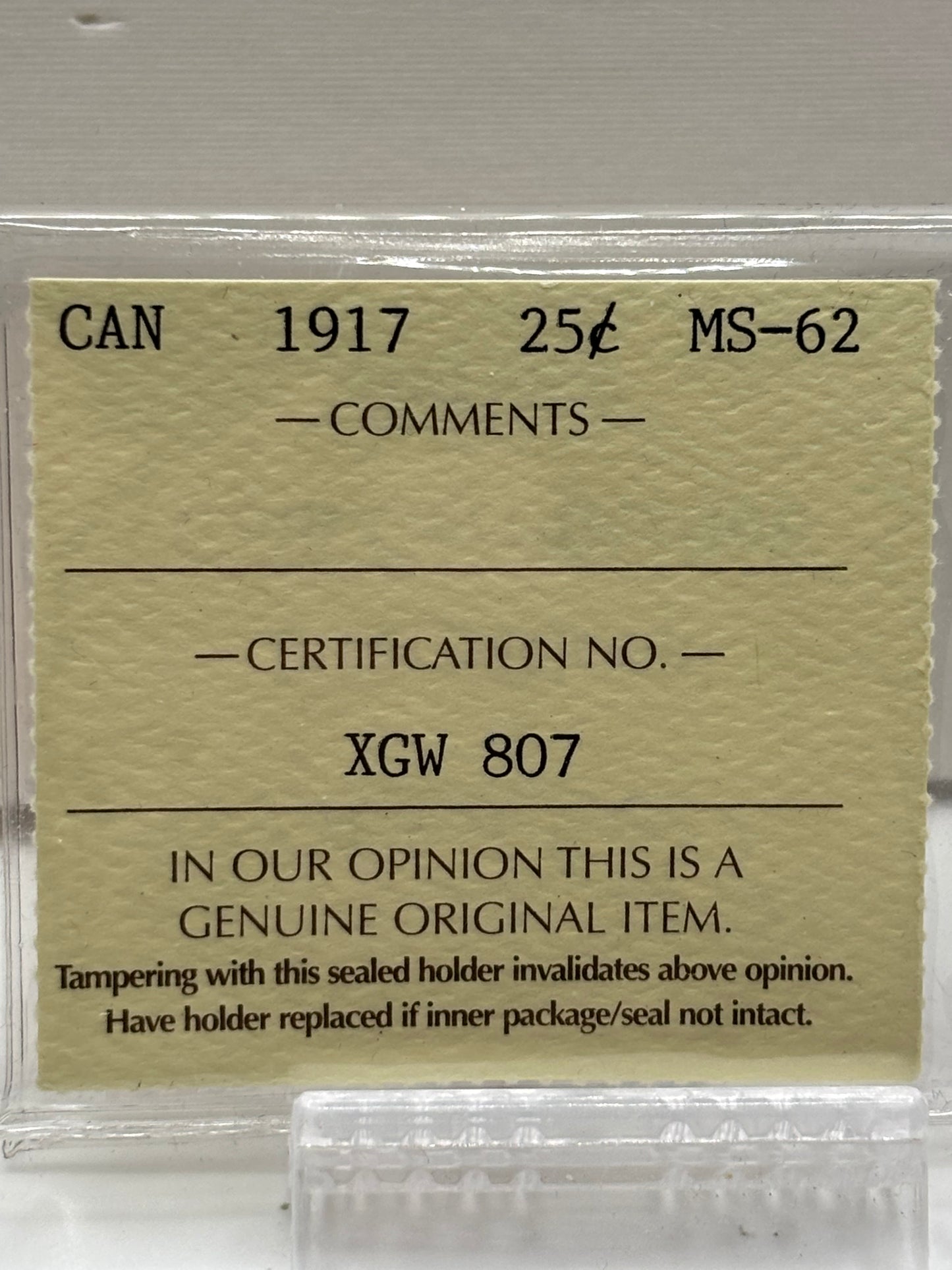 1917 Canada 25 Cents ICCS Graded MS-62