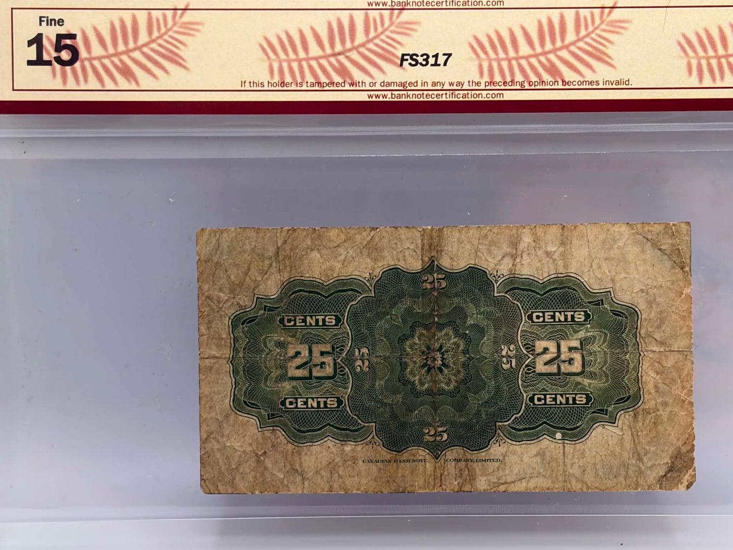 1923 Dominion of Canada 25 Cents DC-24d Campbell-Clark Check Letter K BCS Fine 15 - Reverse