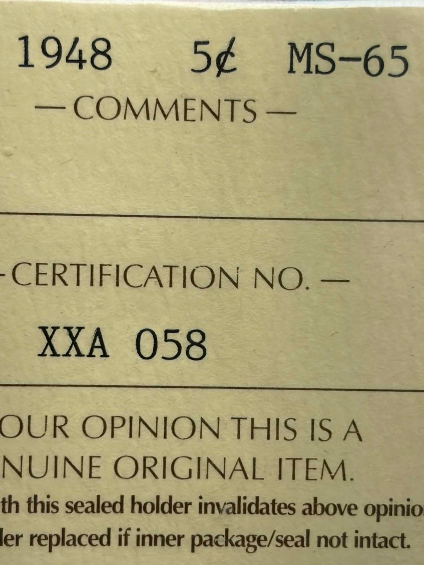ICCS certification label for 1948 Canadian 5 Cent MS-65 — Cert No. XXA 058