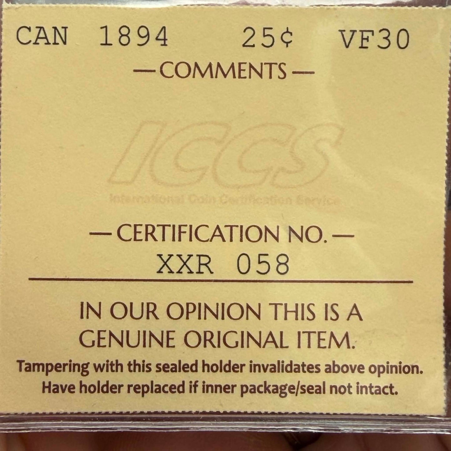 ICCS certification label — 1894 Canadian 25 Cents VF-30, Cert No. XXR 058