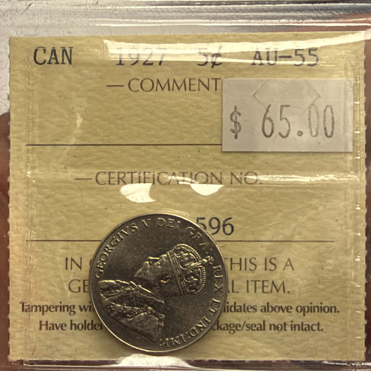 ICCS label 1927 Canada 5 cents AU55 certification XID 596