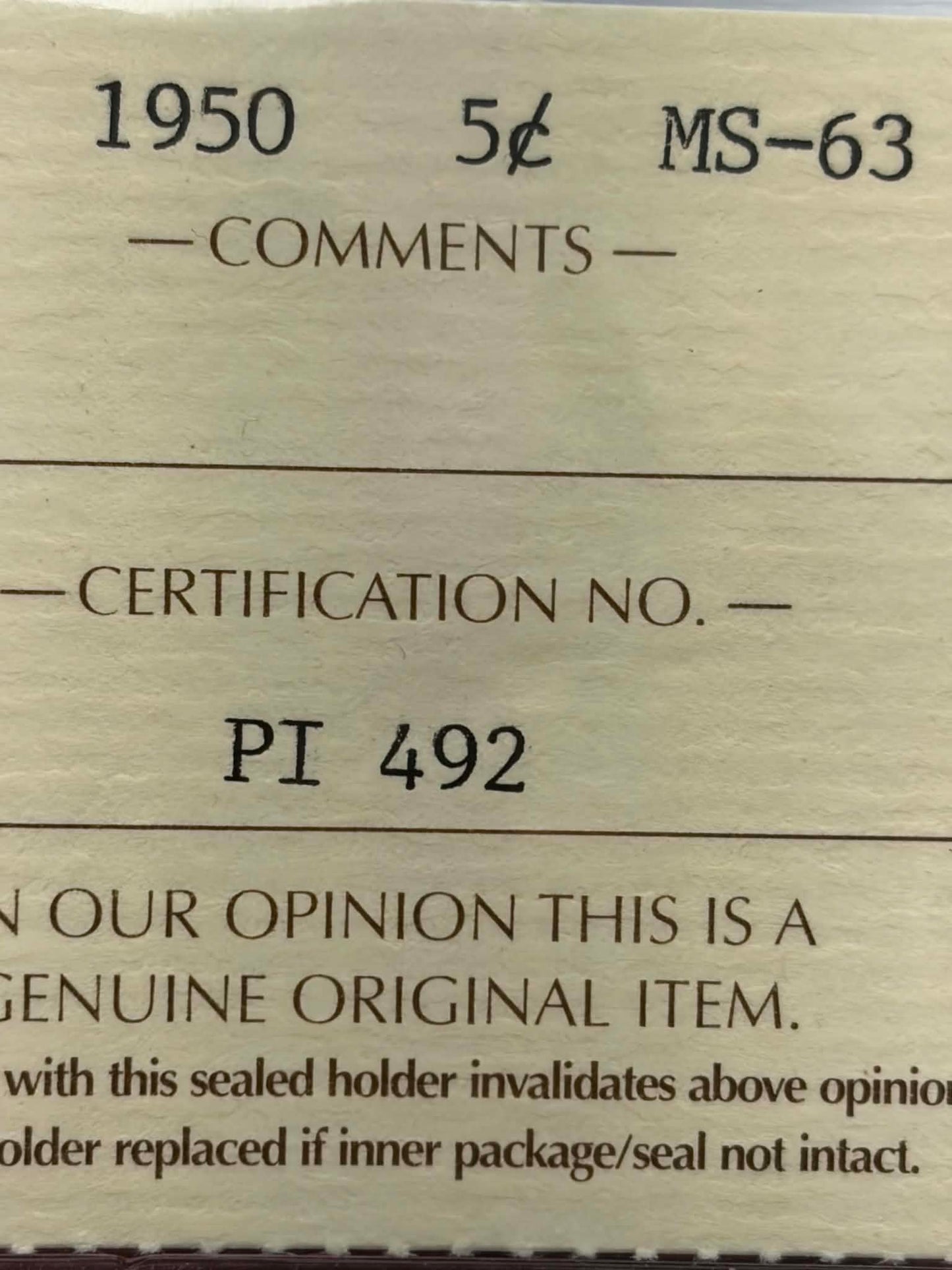 ICCS certification label for 1950 Canadian 5 Cent MS-63 — Cert No. PI 492
