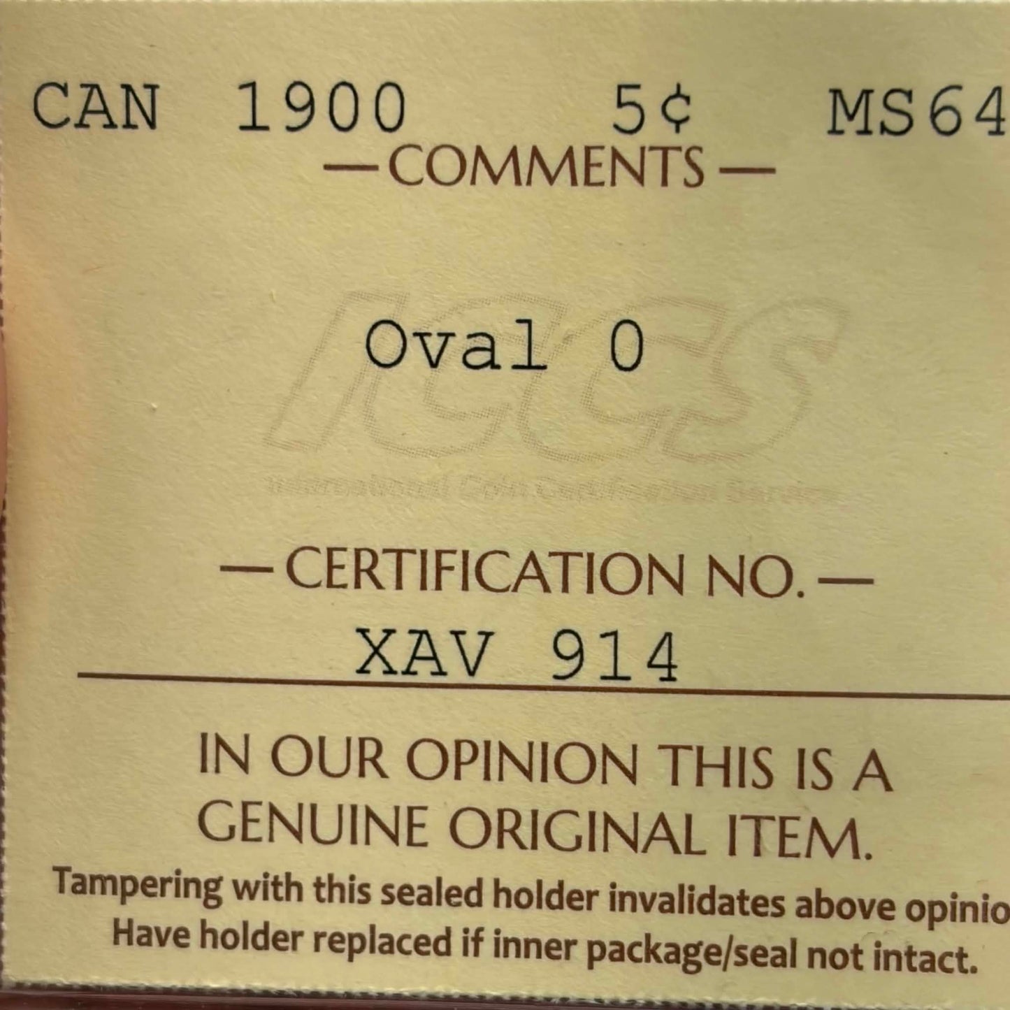 ICCS certification label reverse — 1900 Canadian 5 Cents MS-64 Oval 0, Cert No. XAV 914