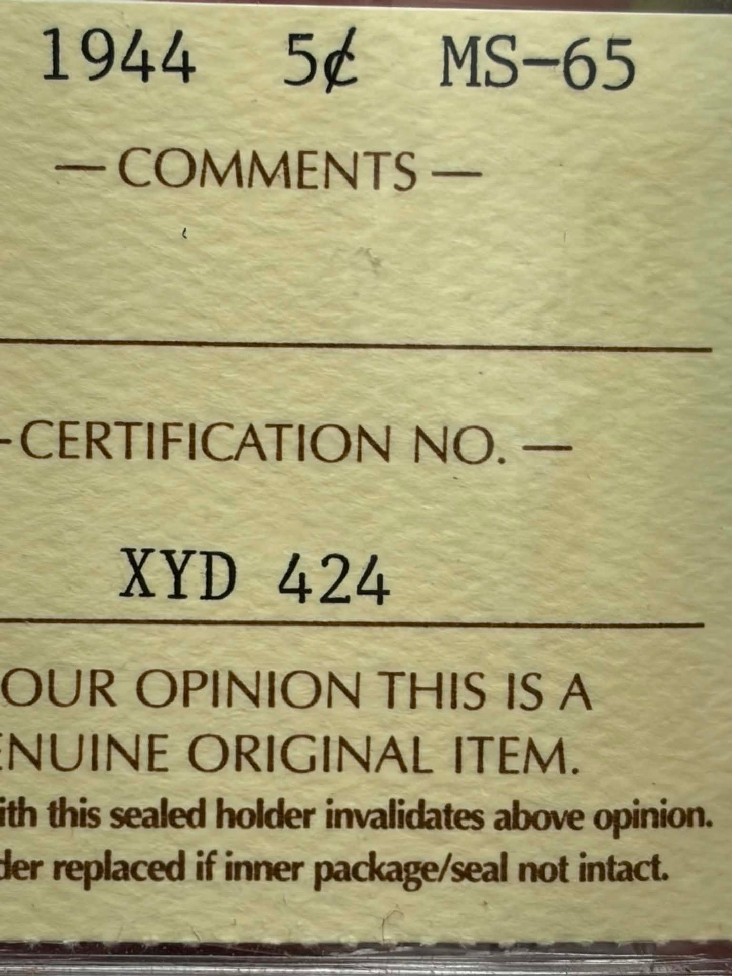 ICCS certification label for 1944 Canadian 5 Cent MS-65 — Cert No. XYD 424