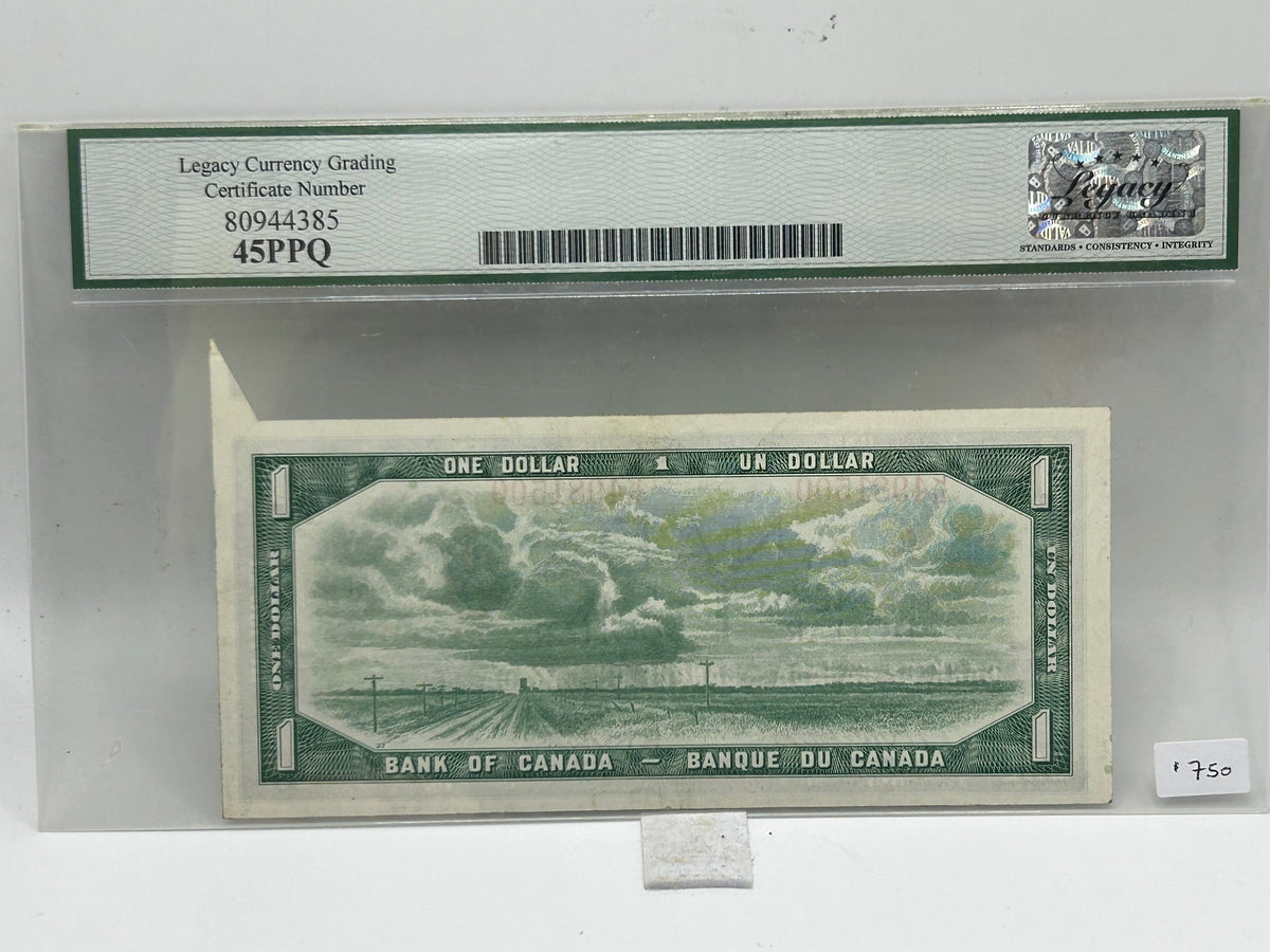 1954 Bank of Canada $1 Error BC-37a-i Beattie-Rasminsky Cutting Error Legacy Extremely Fine 45PPQ - Reverse