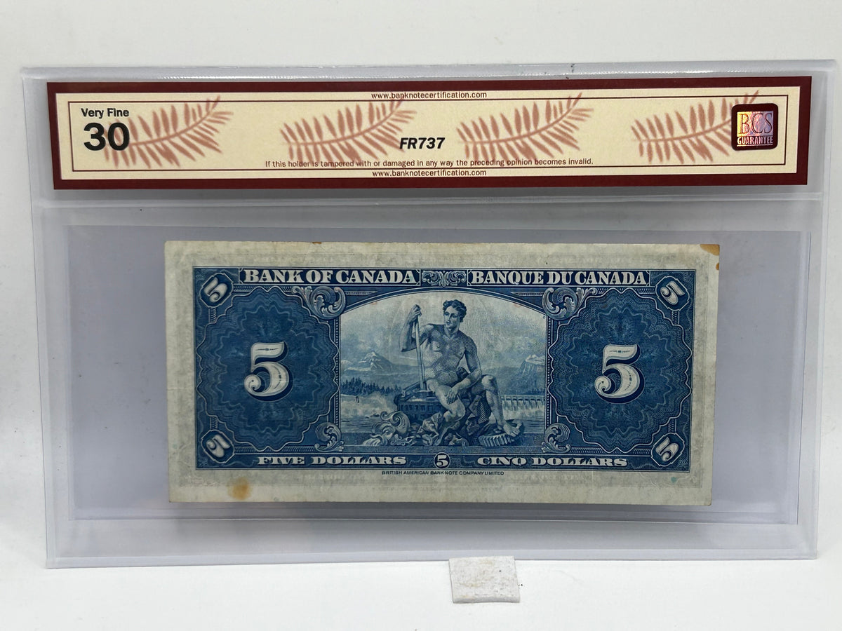 1937 Bank of Canada $5 BC-23b Gordon-Towers BCS Very Fine 30 - Reverse