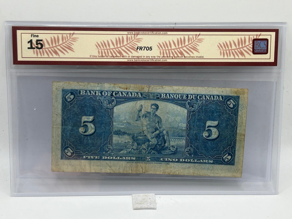1937 Bank of Canada $5 BC-23c Coyne-Towers Replacement BCS Fine 15 - Reverse