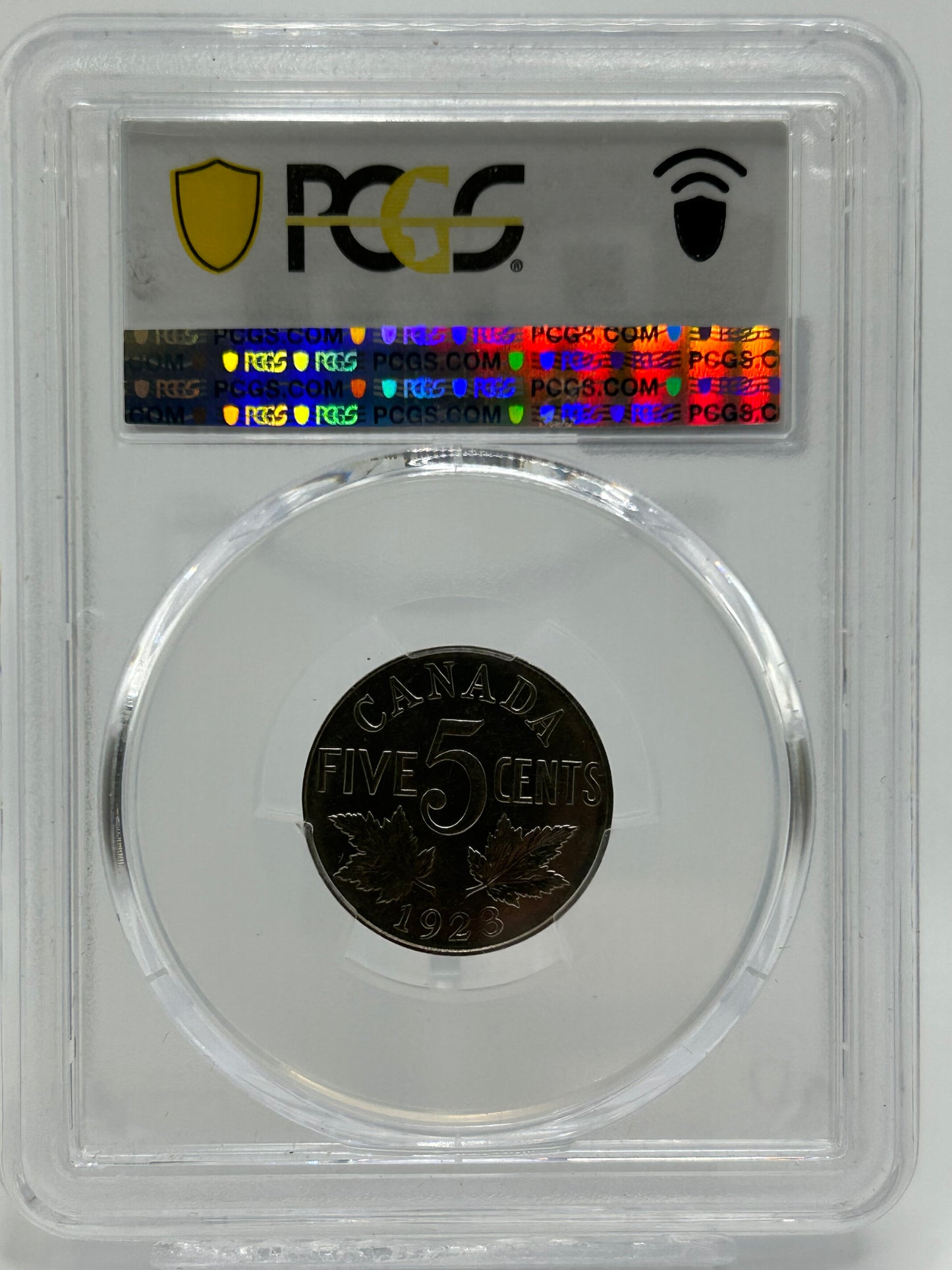 1923 Canada 5 Cents PCGS AU 58 — Maple Leaf Reverse