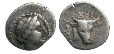 Knidos in Caria. Silver diobol. 390 to 330 BC.