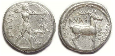 Kaulonia in Bruttium. Silver stater (Nomos) ca. 475 to 425 BC.