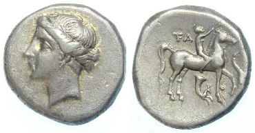 Taras in Calabria, ca. 302 to 281 BC. Silver didrachm. Campano-Tarentine type. RARE.